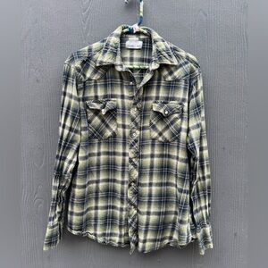 Vintage 90s Wrangler Plaid Cotton Flannel Pearl Snap Long Sleeve Size SM